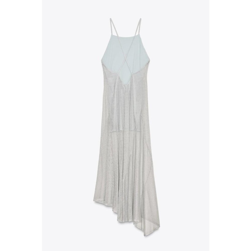 Zara Womens Metallic Thread Midi Dress Medium Silver Straight Neck 1131/821 NWT - Picture 5 of 16
